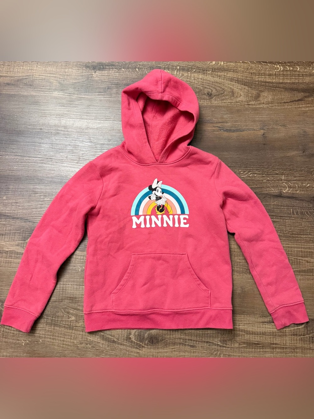 Kids Pink Minnie Hooded Sweatshirt with Rainbow Graphic